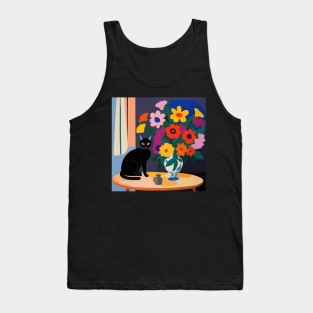 Black Cat with Colorful Flowers in a Vase Still Life Painting Tank Top